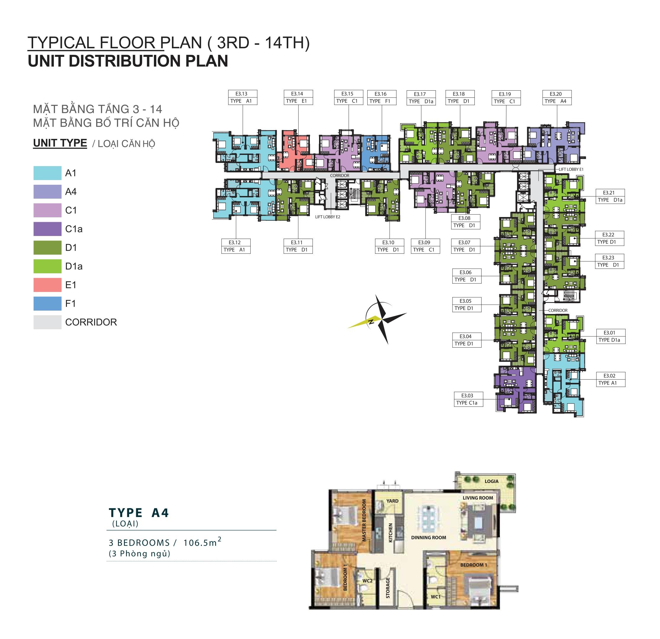 Mặt bằng tầng điển hình Block E căn hộ chung cư Emerald Celadon City