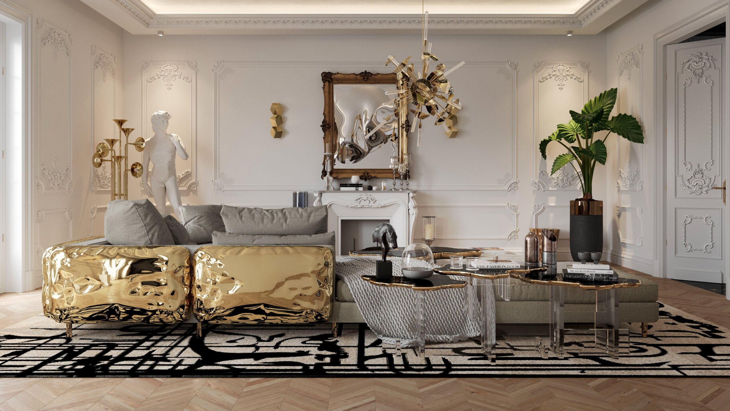 phòng khách phong cách luxury sofa vàng
