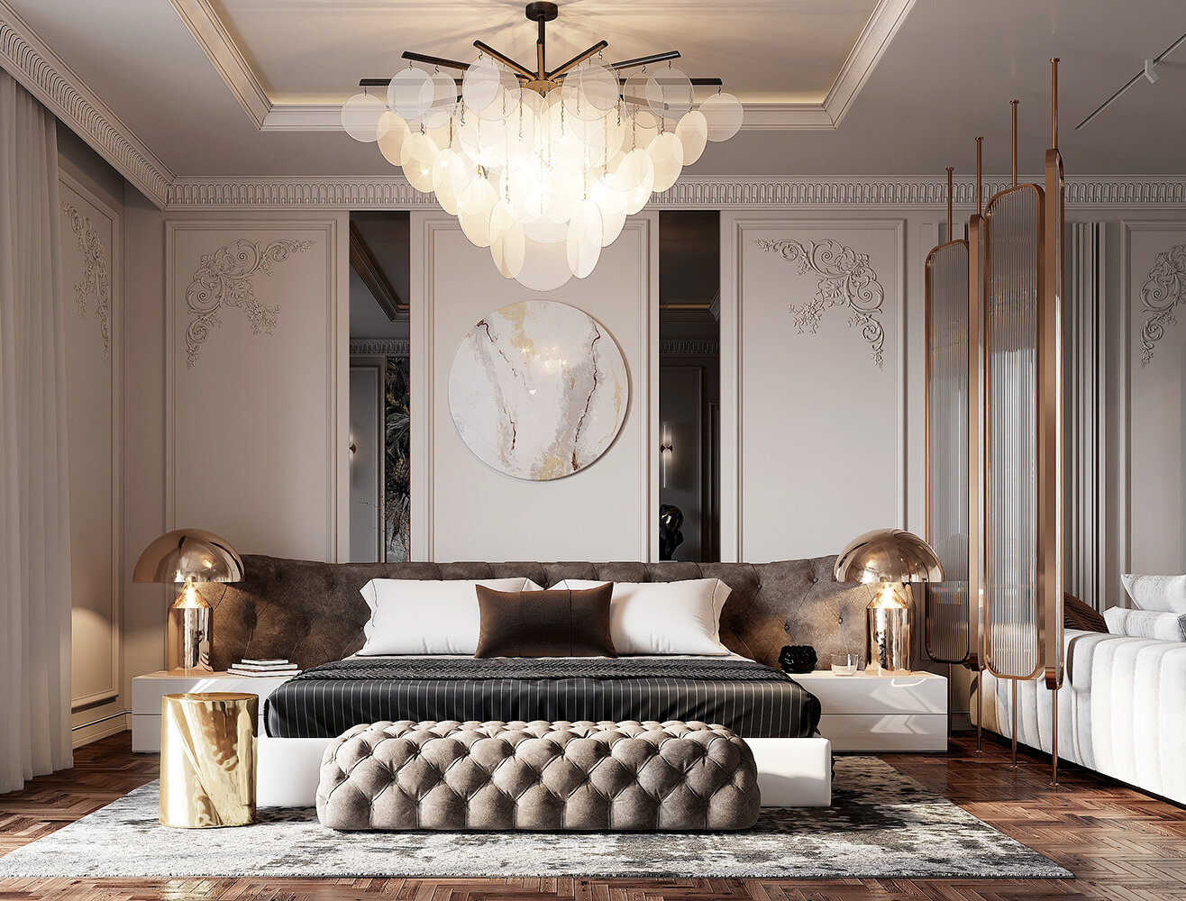 phòng ngủ phong cách luxury màu xám